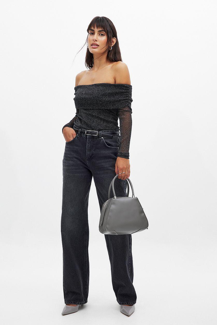 Off Shoulder Glitter Mesh Top Black Product Image