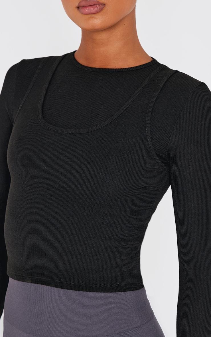 Black Ribbed Double Layer Detail Long Sleeve Top Product Image