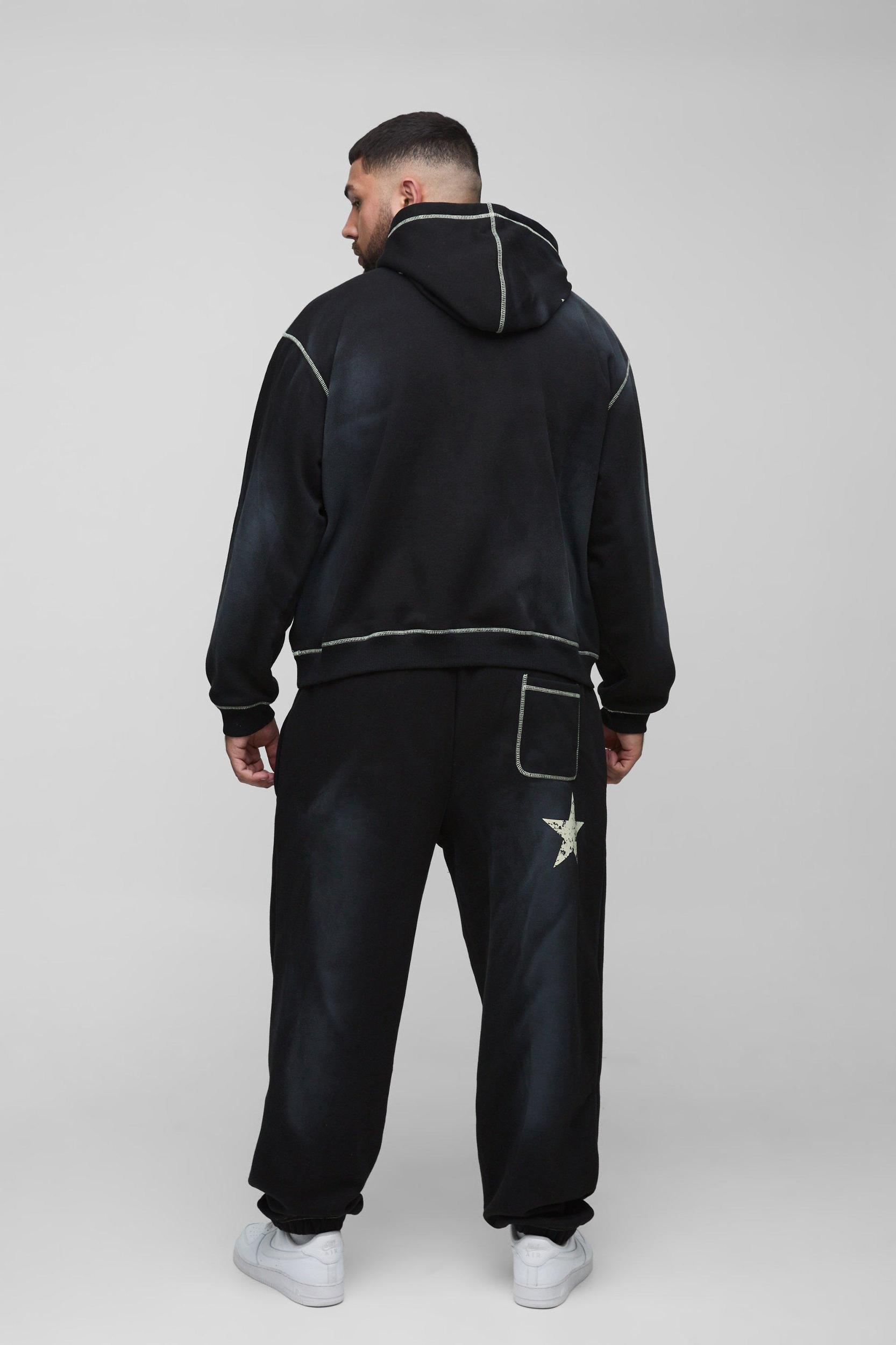 Plus Oversized Contrast Stitch Lmted Spray Wash Hooded Tracksuit | boohooMAN USA Product Image