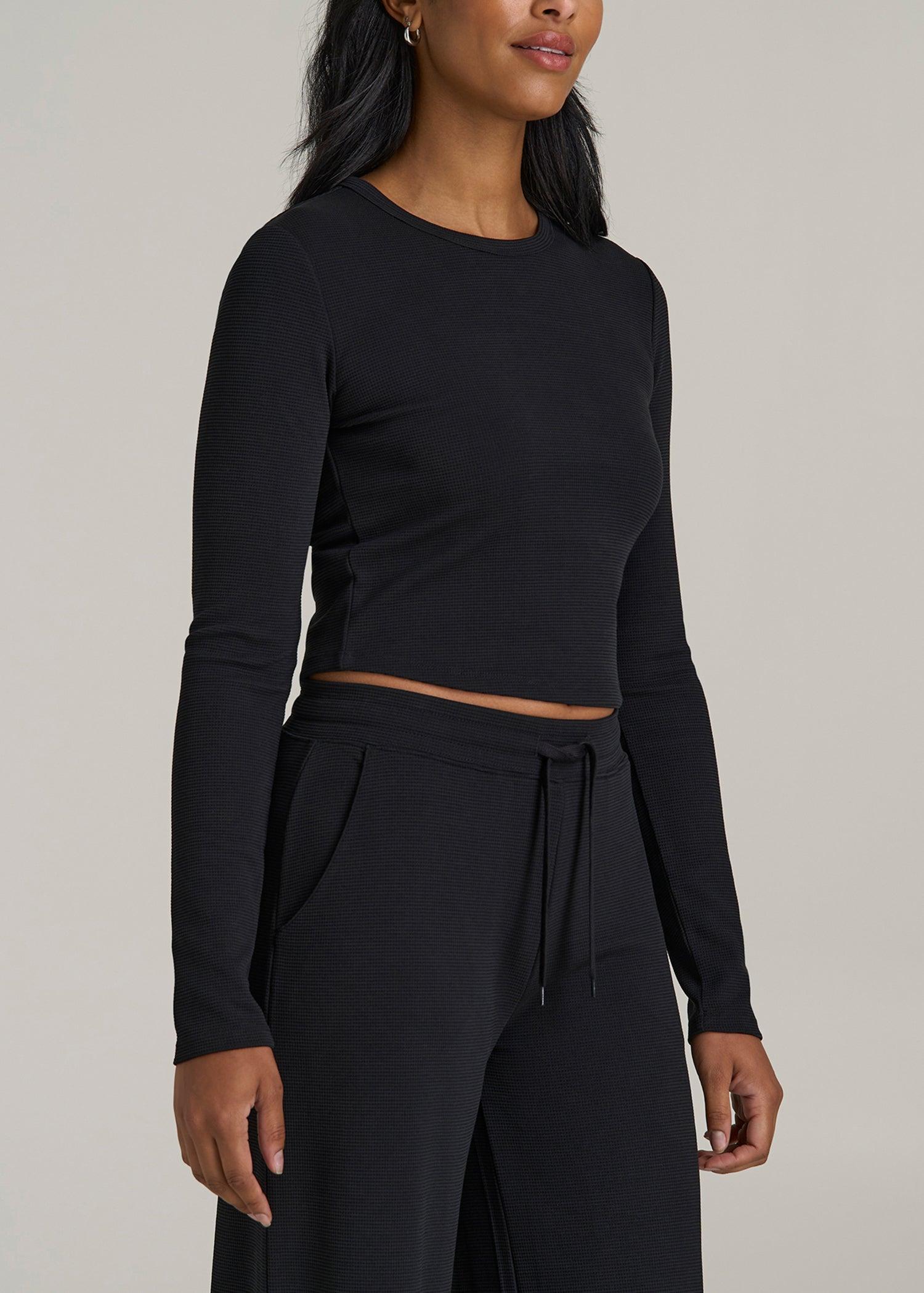 Cropped Long Sleeve Waffle Shirt for Tall Women in Black Female Product Image