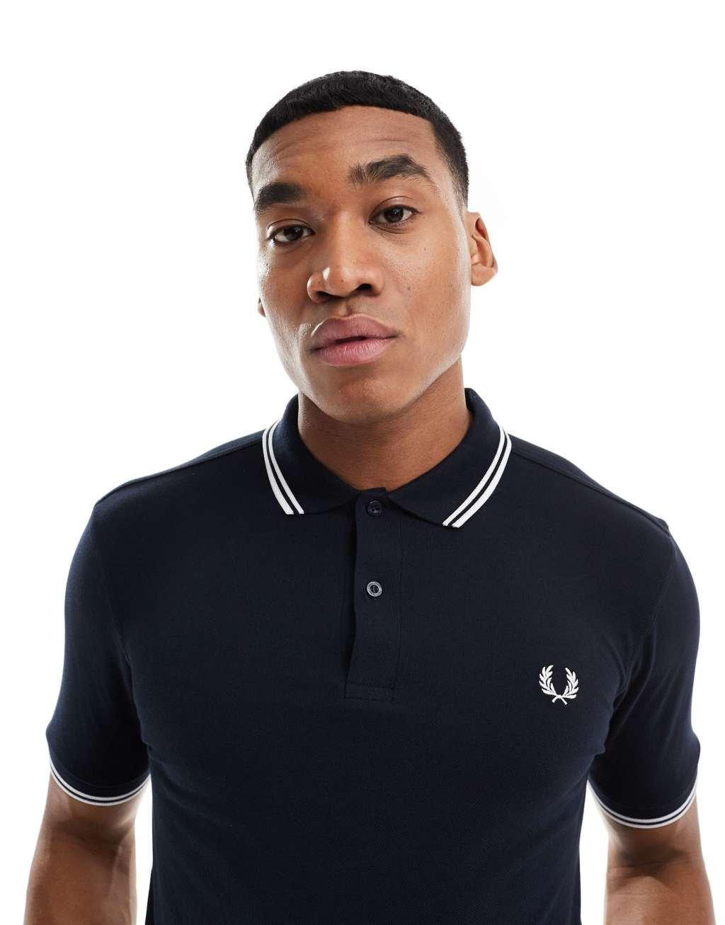 Fred Perry twin tipped logo polo in navy/white Product Image