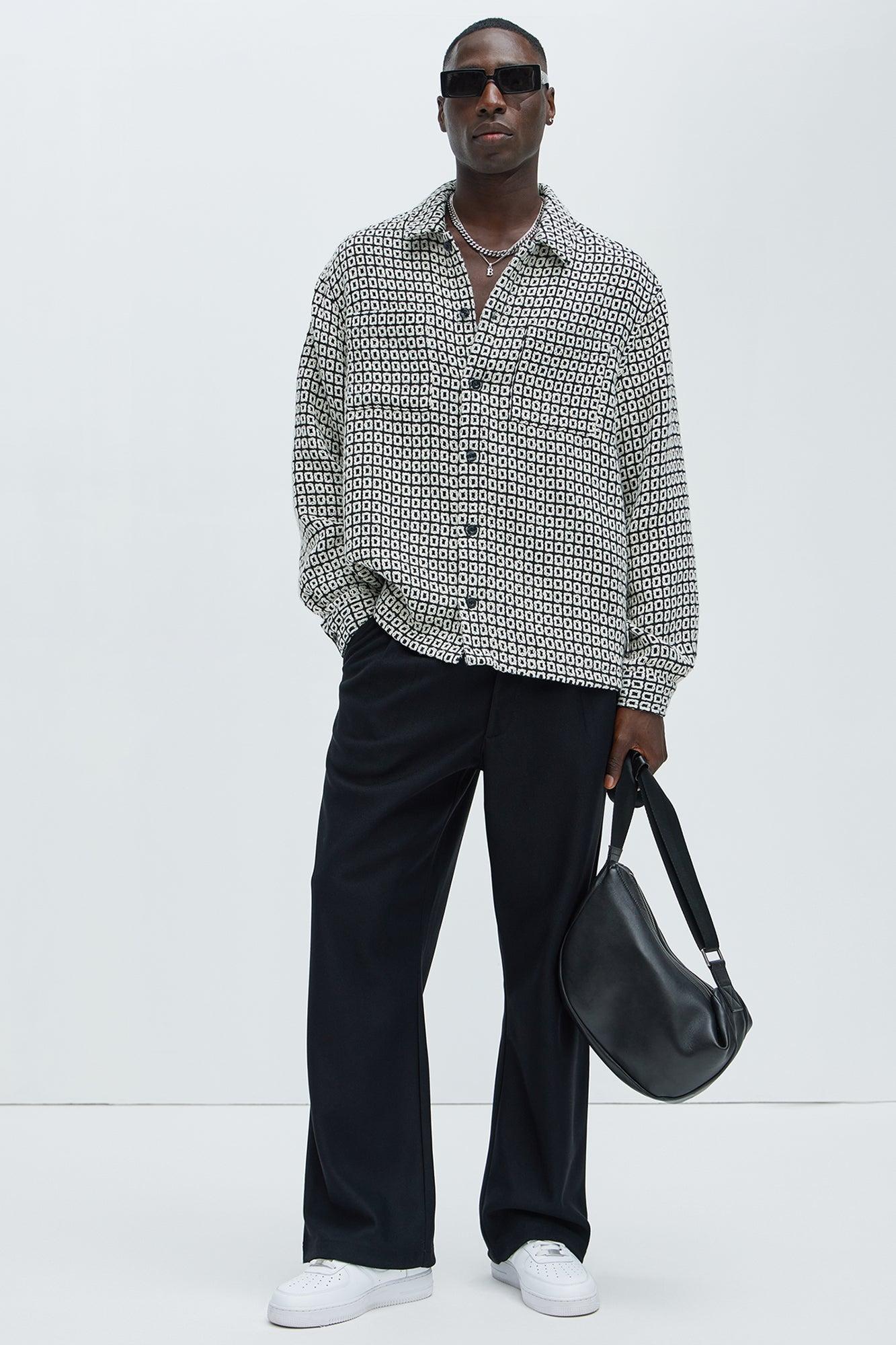 Oversized Island Textured Button Up Shirt - Black/combo Product Image