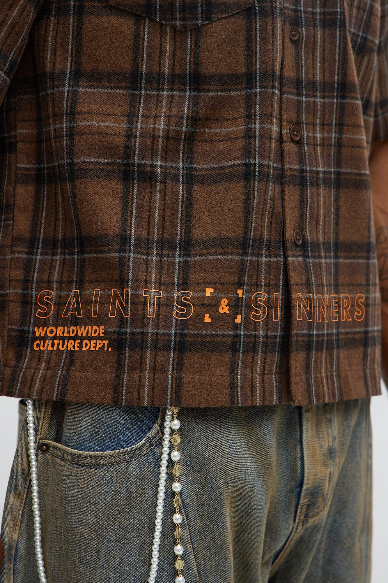 Culture Plaid Cropped Button Up Shirt - Brown Product Image