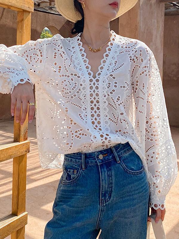 Long Sleeves Loose Hollow See-Through Solid Color Split-Joint V-Neck Blouses&Shirts Tops Product Image