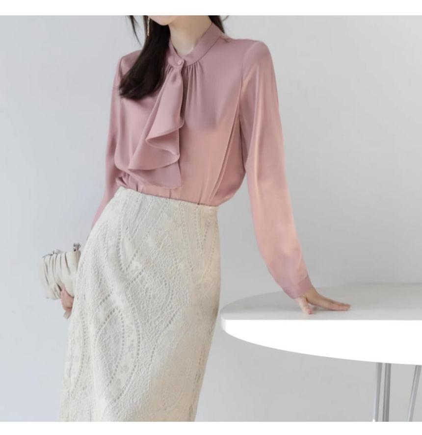 Long-Sleeve Stand Collar Plain Ruffle Trim Blouse Product Image