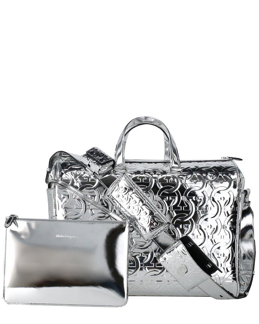 FERRAGAMO Brooklyn Monogram Metallic Leather Tote In Silver Product Image