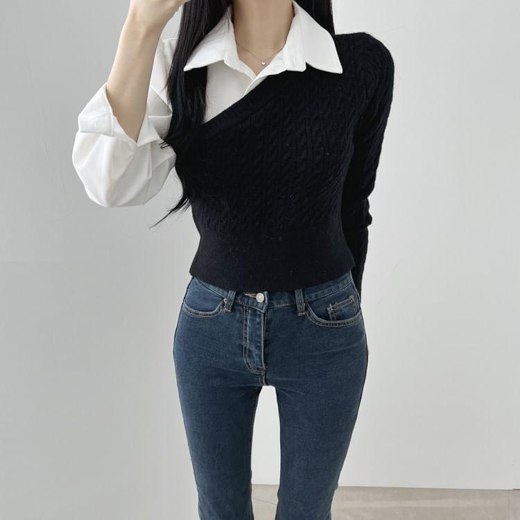 Long-Sleeve Collared Mock Two-Piece Cable Knit Panel Crop Blouse Product Image