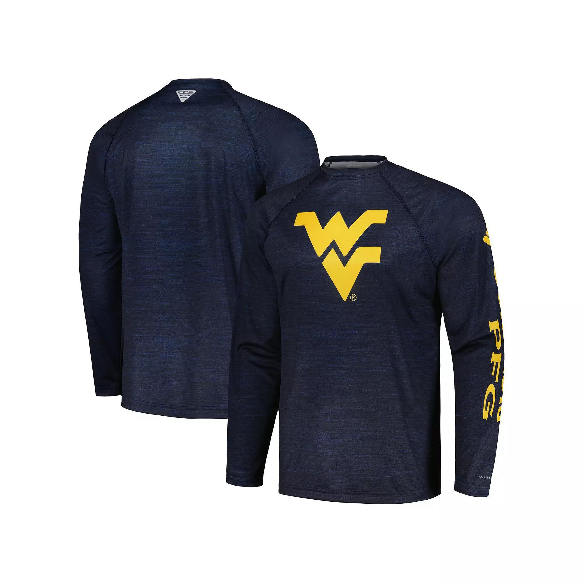Men's Columbia Navy West Virginia Mountaineers PFG Terminal Tackle Omni-Shade Raglan Long Sleeve T-Shirt,  Product Image