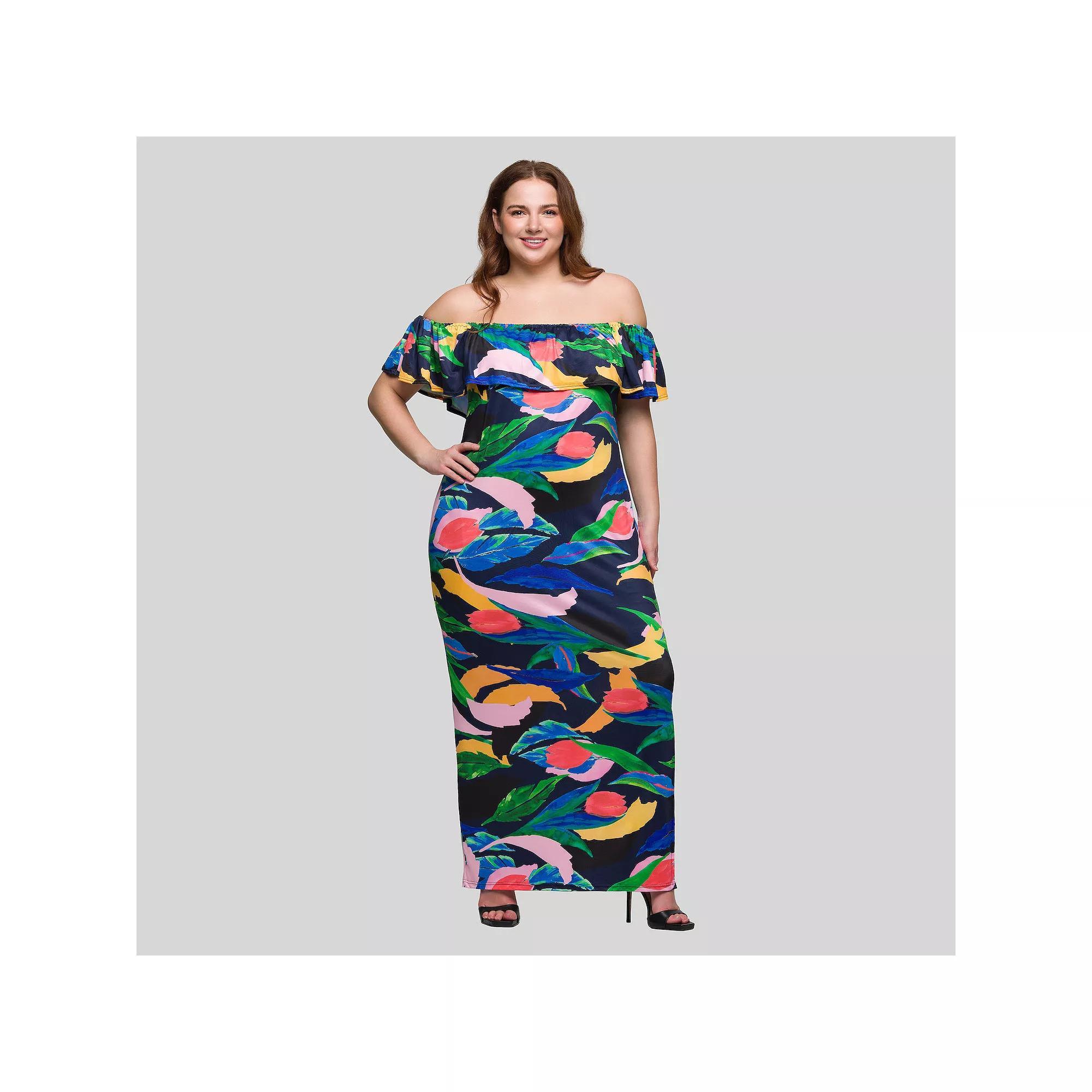 Plus Size 24Seven Comfort Apparel Abstract Off Shoulder Maxi Dress, Women's, Size: 1XL, Green Team Product Image