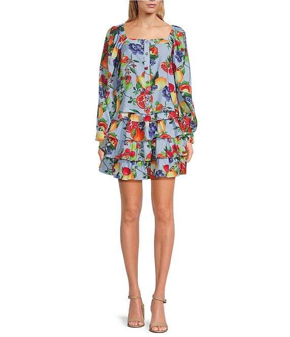 Skies Are Blue Coordinating Fruit Printed Square Neck Button Front Long Sleeve Top Product Image