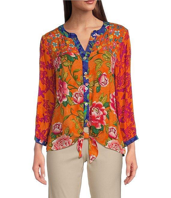 John Mark Printed Split V-Neck 3/4 Sleeve Button Front Blouse Product Image
