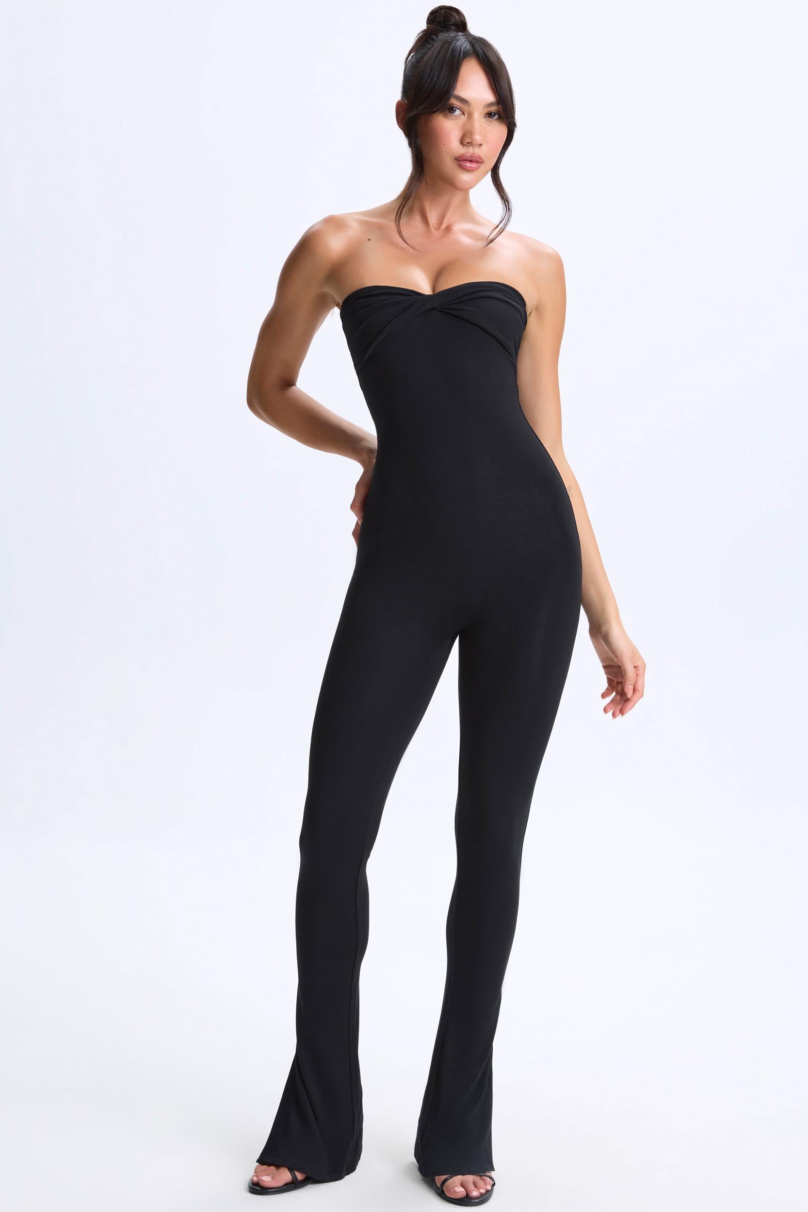 Petite Twist-Front Split Hem Flared Jumpsuit in Black Female Product Image