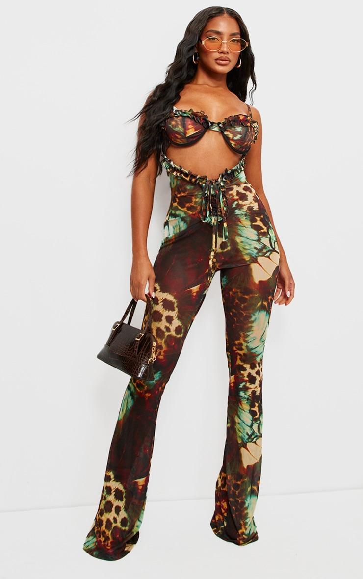 Brown Printed Mesh Cup Detail Cut Out Jumpsuit Product Image