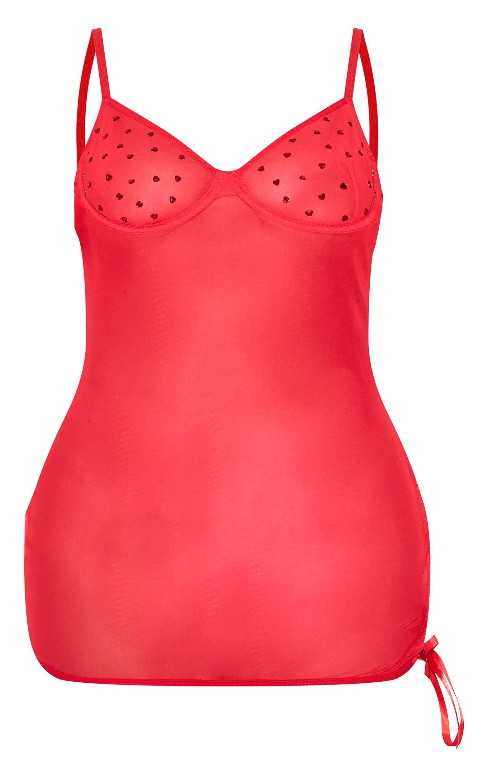 Plus Red Mesh Diamante Heart Underwired Lace Up Slip Dress Product Image