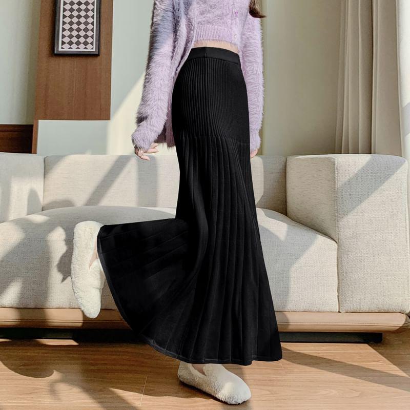 High Waist Plain Ribbed Knit Maxi A-Line Skirt Product Image