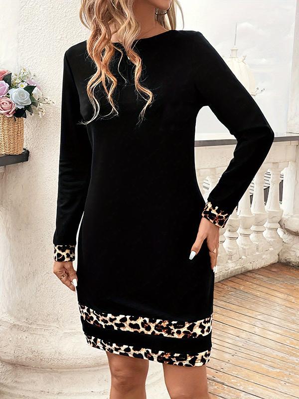 Bodycon Long Sleeves Contrast Color Leopard Round-Neck Mini Dresses Product Image