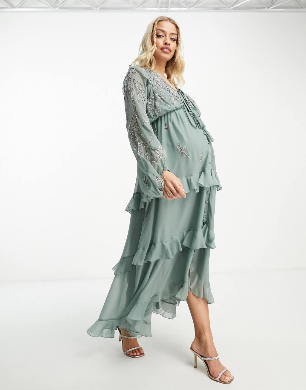 ASOS DESIGN Maternity soft midi dress with button front and trailing floral embellishment Product Image