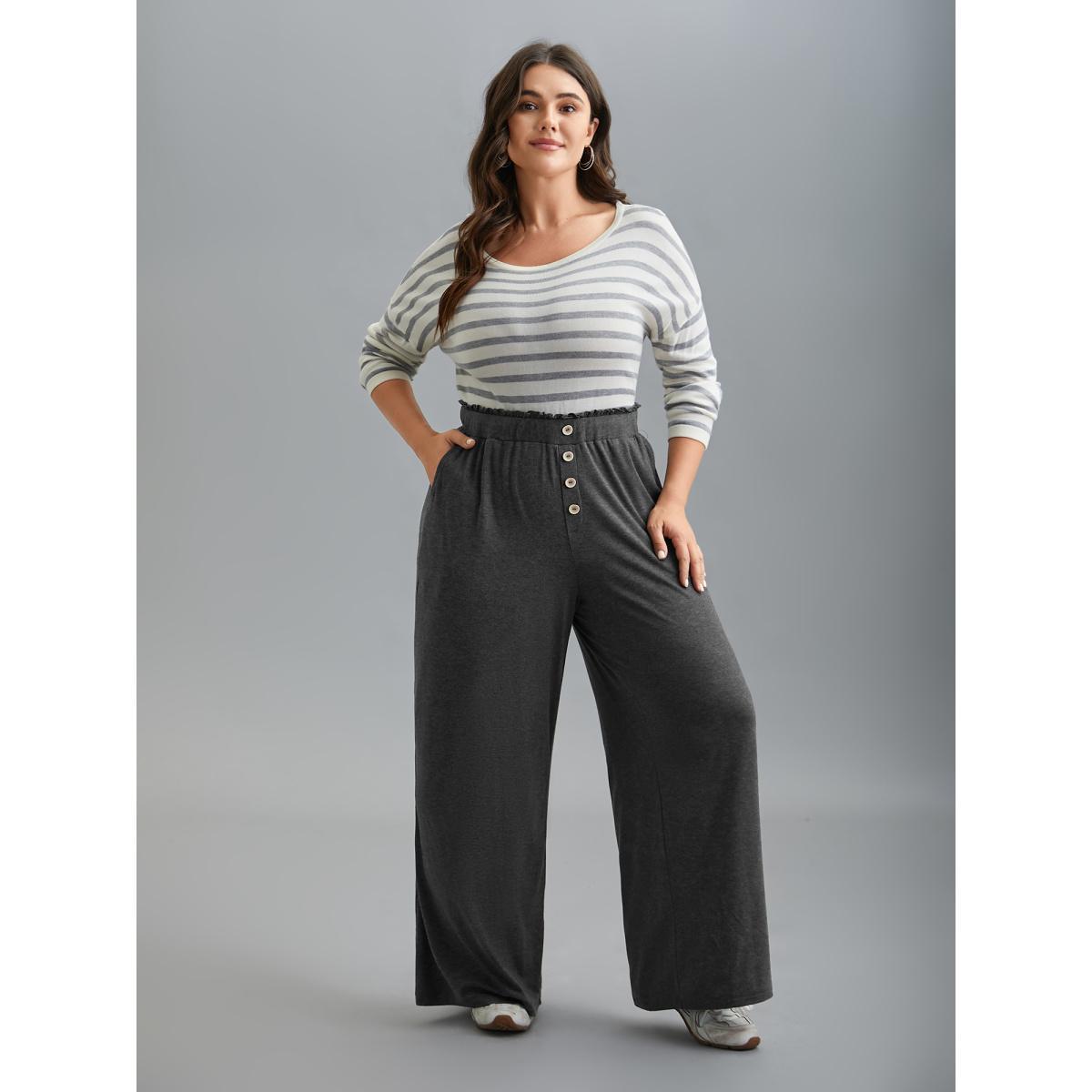 Plus Size Button-Front Ruffled Waist Stretchy Pants Women DimGray Casual Wide Leg Mid Rise Everyday Pants BloomChic 26/4X Product Image