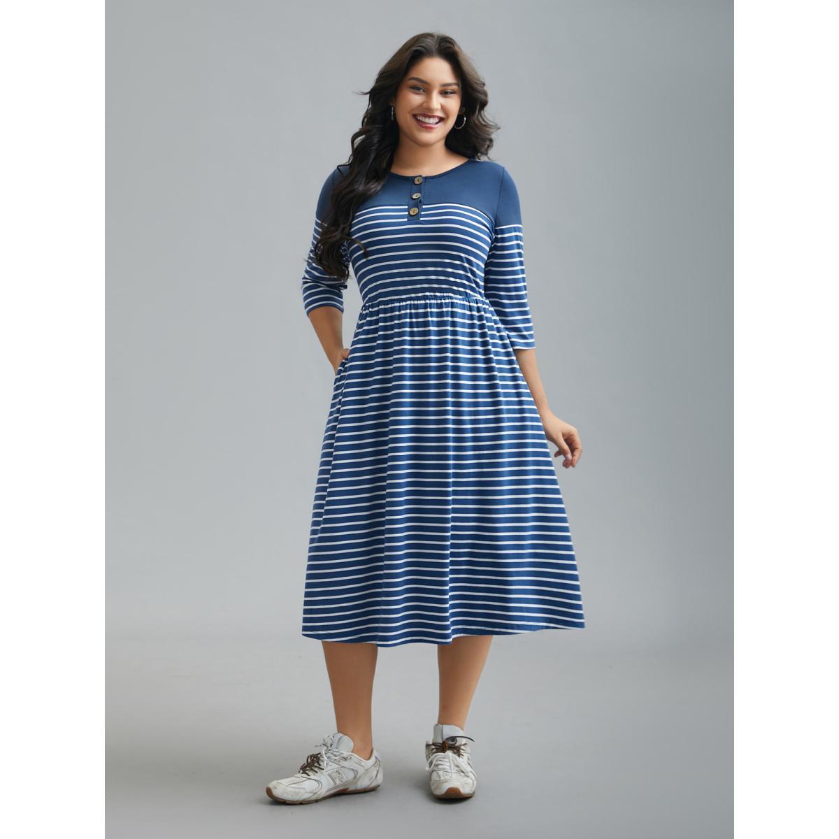 Plus Size Colorblock Striped Waist-Cinched Midi Dress DarkBlue Women Casual Patchwork Knit Dresses Bloomchic 18-20/2X Product Image