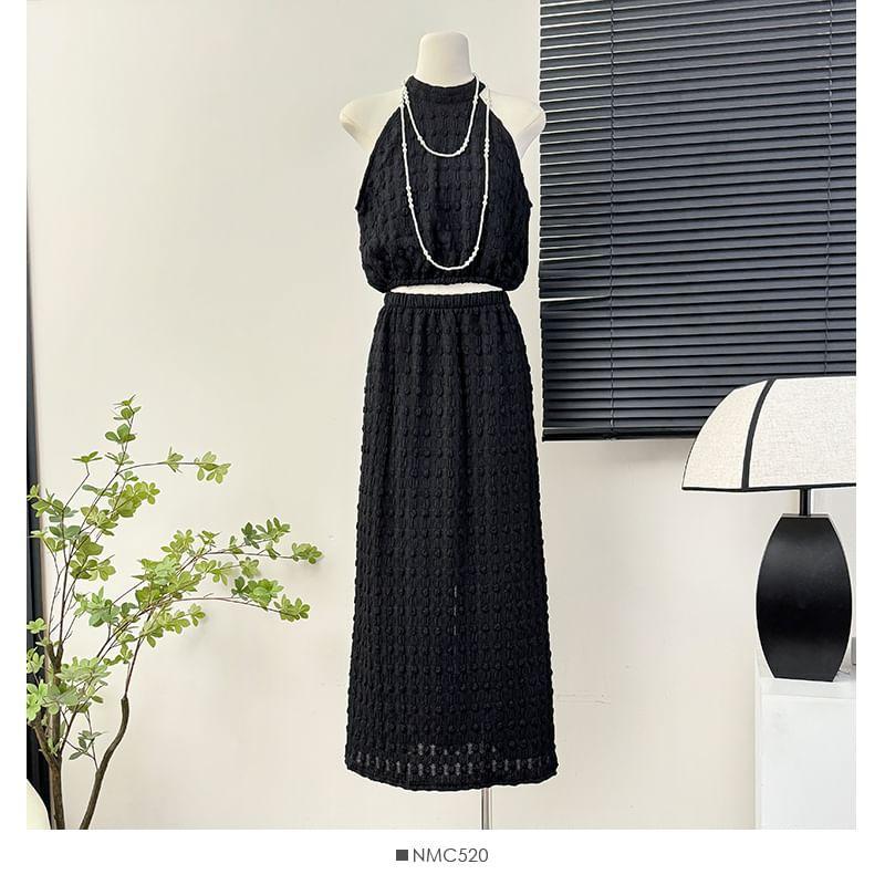 Set: Textured Halter Top + High-Rise Maxi Pencil Skirt Product Image