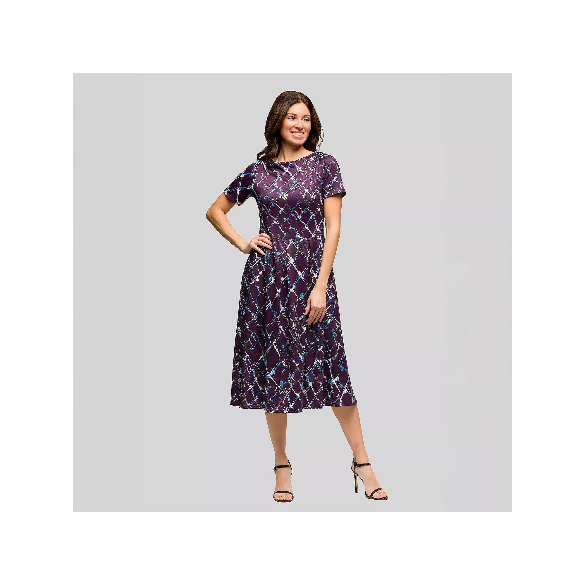 Women's 24Seven Comfort Apparel Short Sleeve Pleated Flare Midi Pocket Dress,  Product Image