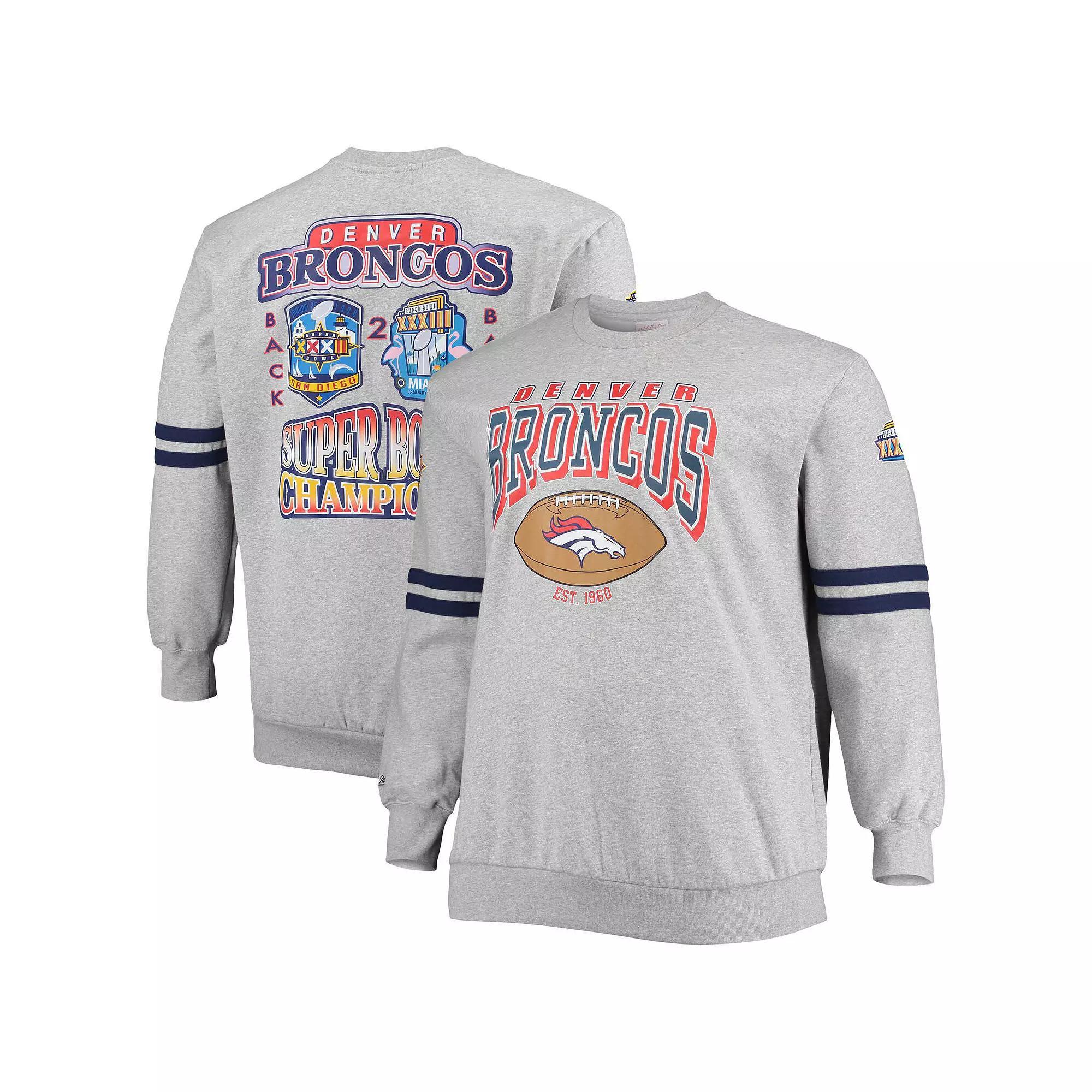 Men's Mitchell & Ness Heathered Gray Denver Broncos Big & Tall Allover Print Pullover Sweatshirt, Size: 3XLT, Grey Product Image