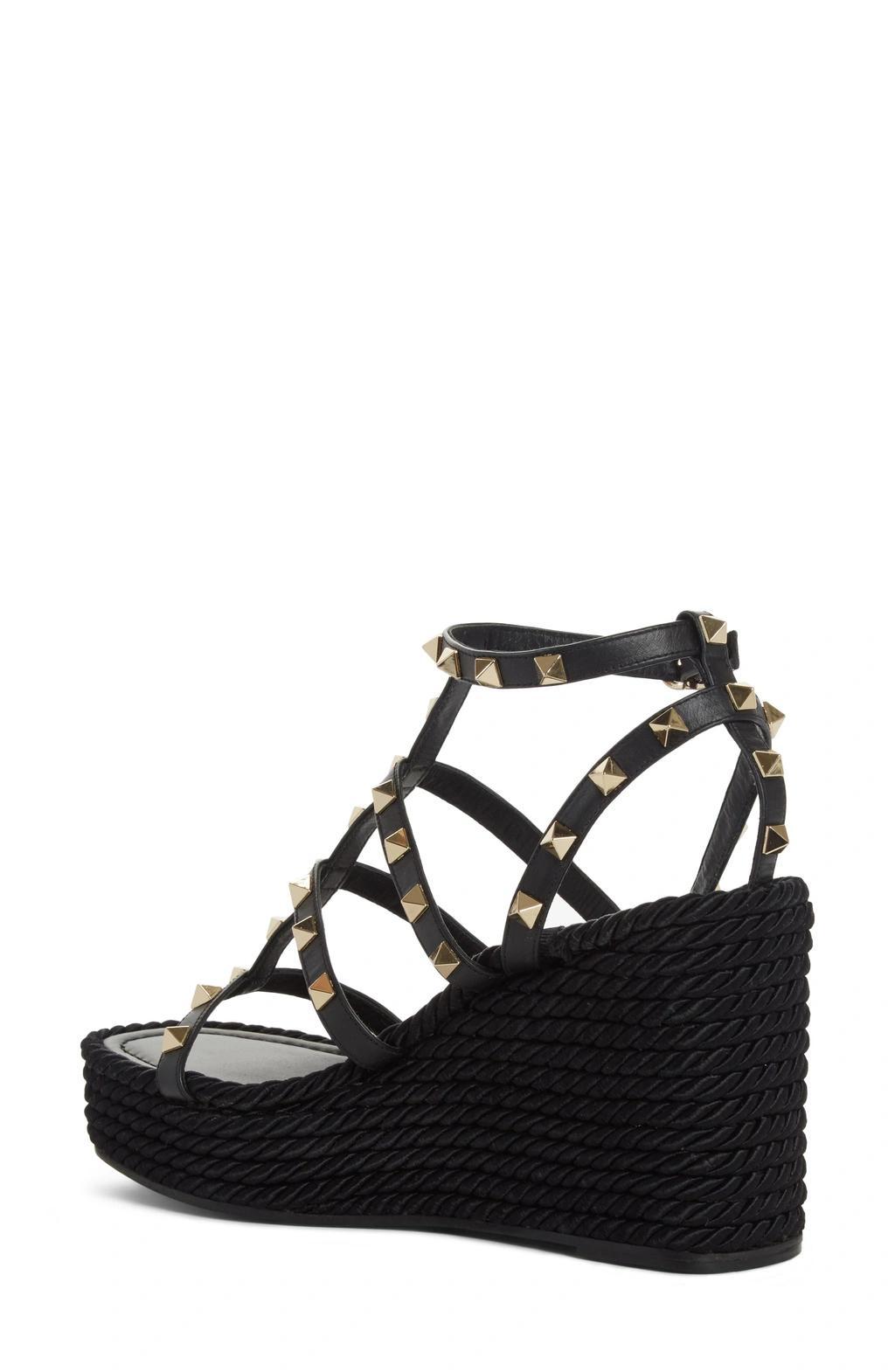 VALENTINO GARAVANI Rockstud Metallic Leather Wedge Espadrilles In Black Product Image