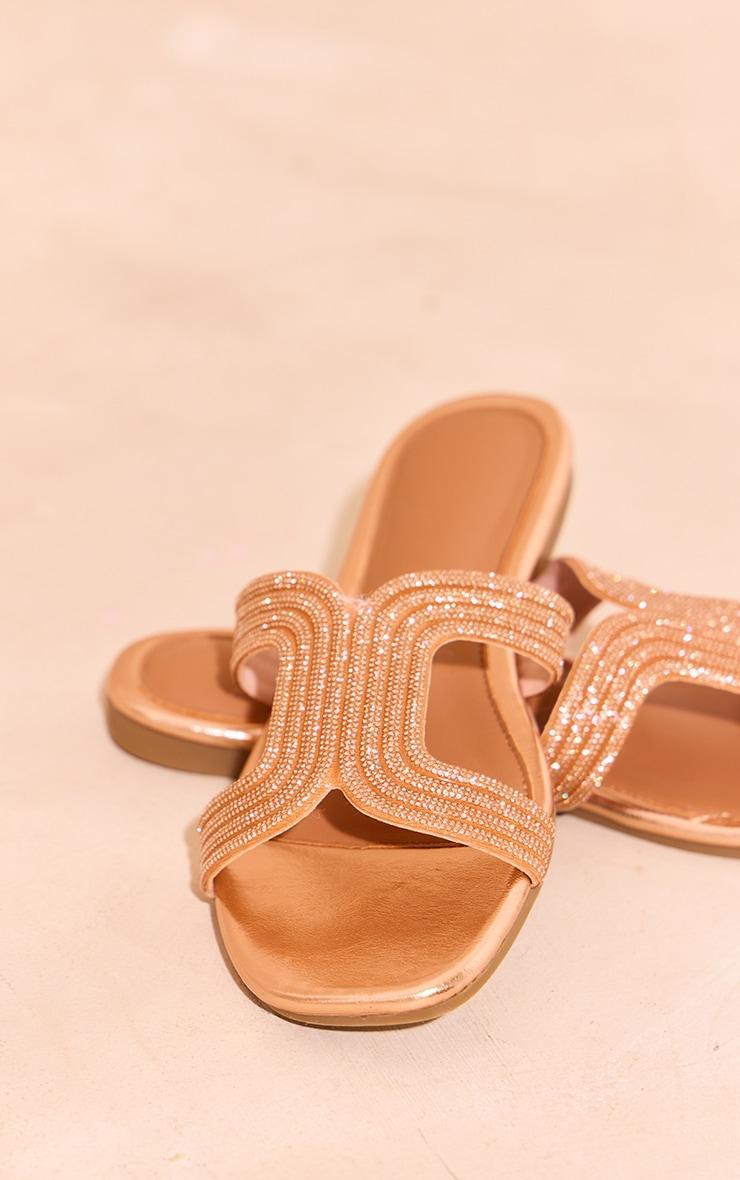 Rose Gold PU Round Toe Diamante Cross Strap Flat Sandals Product Image