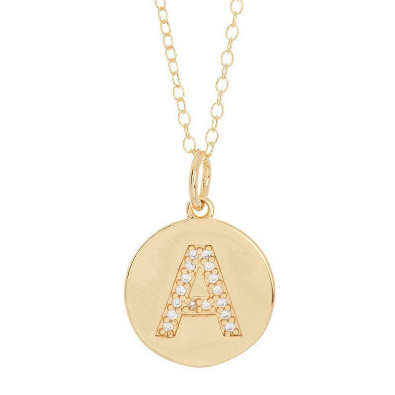 Adornia 14k Gold Plated Cubic Zirconia Engraved Letter Disc Pendant Necklace, Womens Gold Tone A Product Image