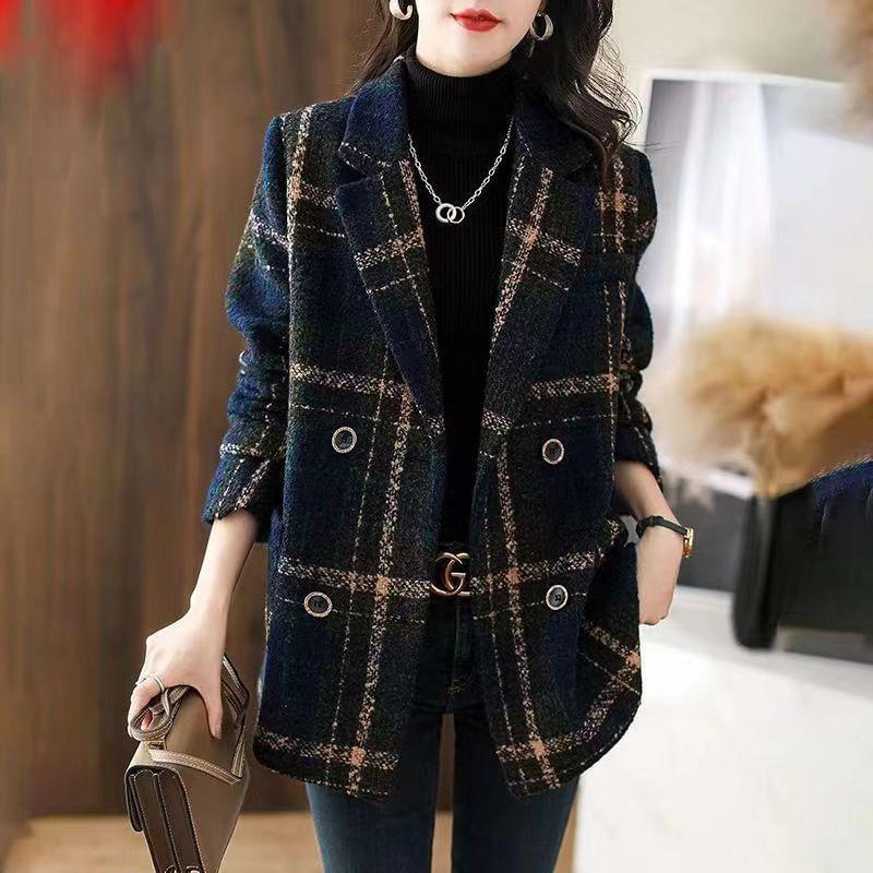 Notch Lapel Plaid Double-Breasted Coat Product Image