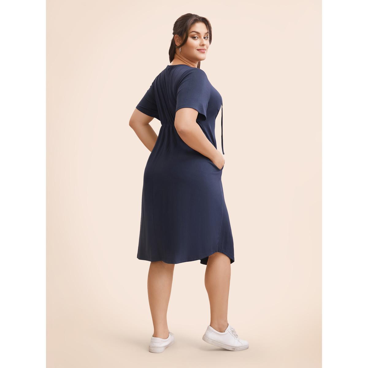 Plus Size Solid Lace Up Pocket Midi Dress Indigo Women Casual Wraparound straps V-neck Short sleeve Curvy BloomChic 12/L Product Image