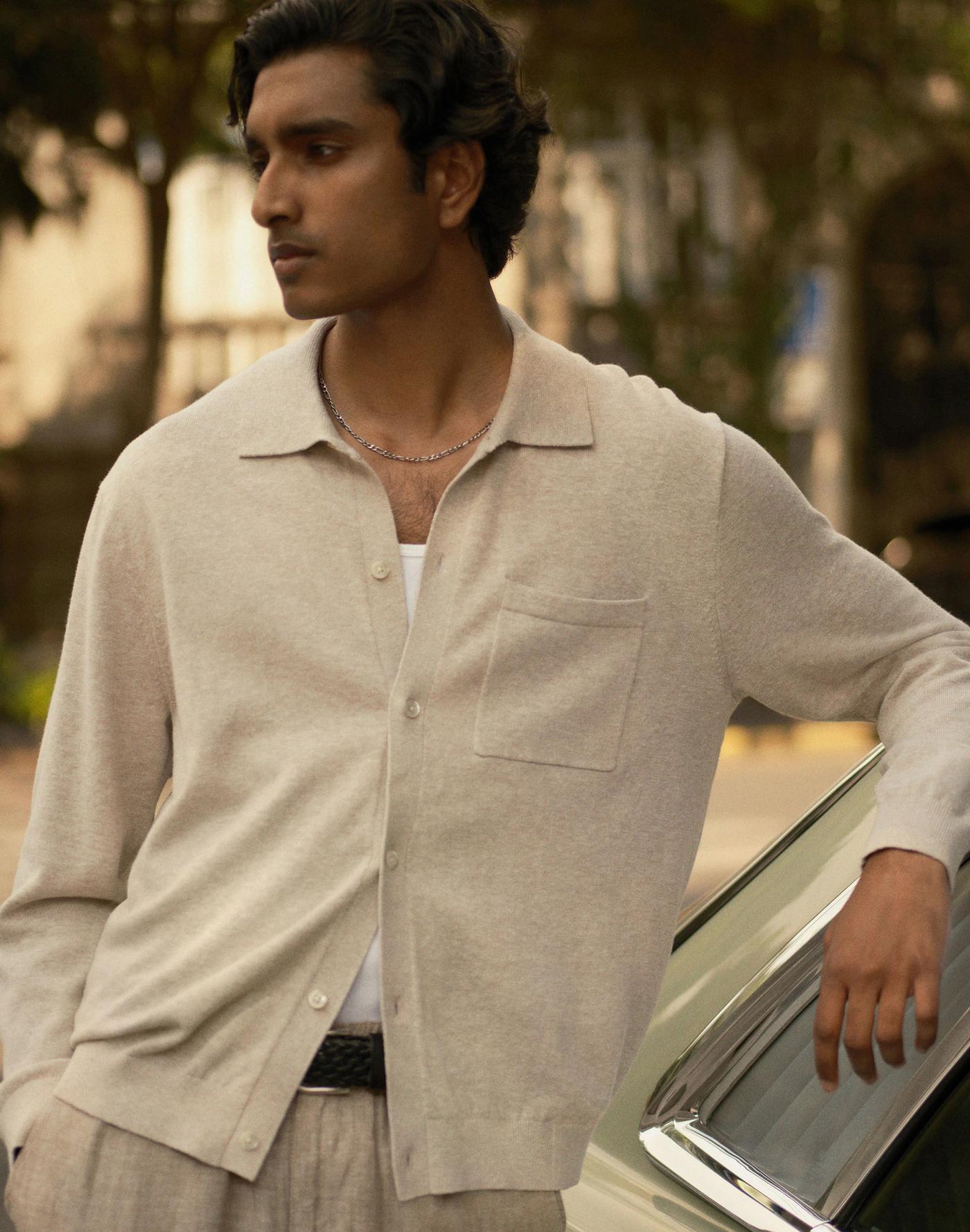 Button-Up Sweater Polo in Lightweight Cotton-Linen Blend Product Image