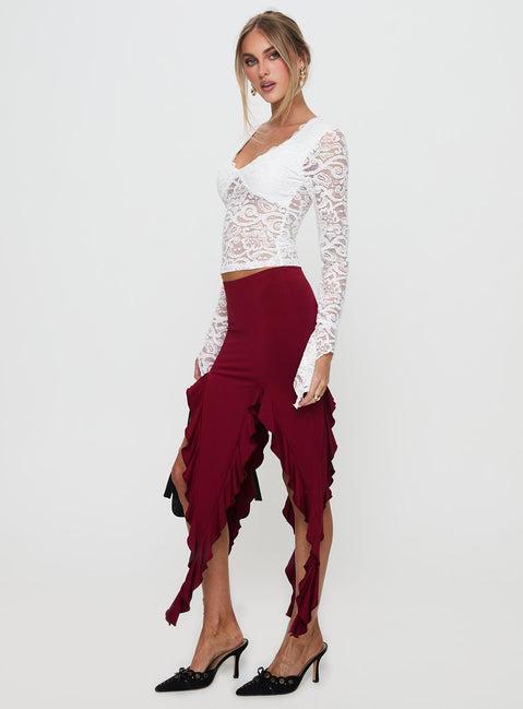 Peachey Asymmetric Ruffle Midi Skirt Burgundy Product Image