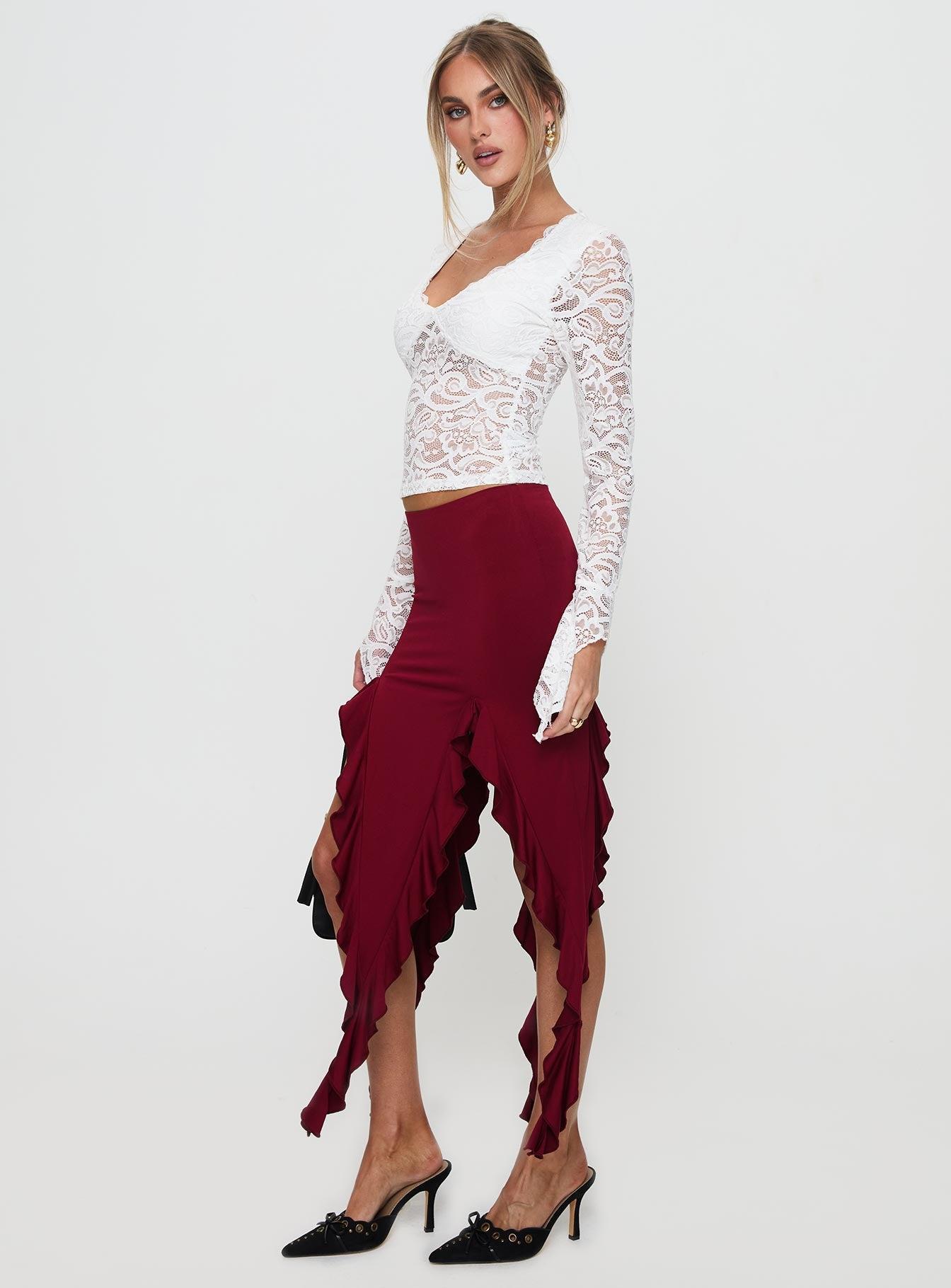 Peachey Asymmetric Ruffle Midi Skirt Burgundy Product Image