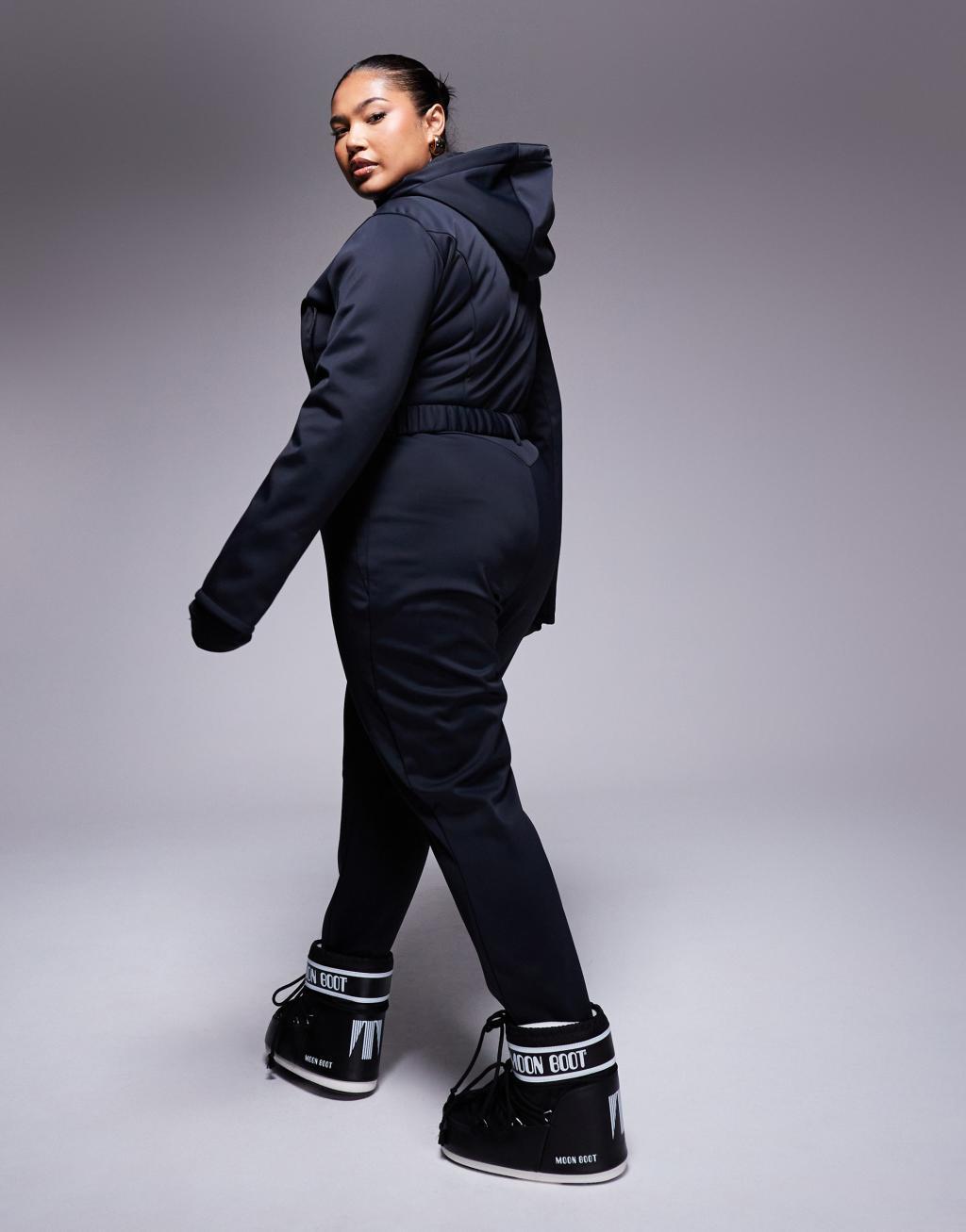 ASOS 4505 Curve belted ski suit with skinny leg and hood in black Product Image