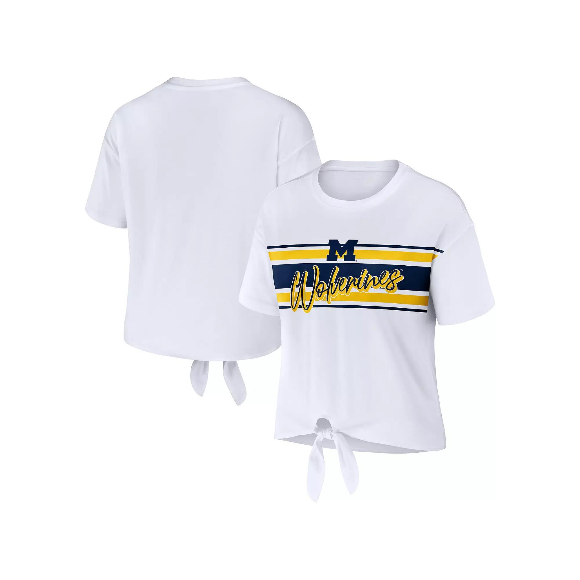 Women's WEAR by Erin Andrews White Michigan Wolverines Striped Front Knot Cropped T-Shirt, Size: Small Product Image