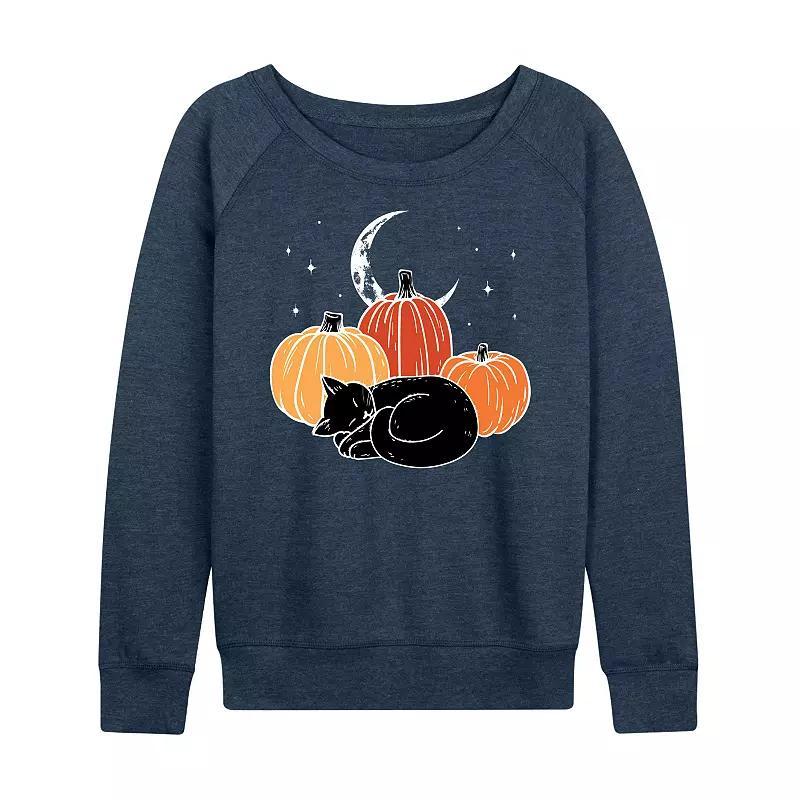 Women's Black Cat Pumpkin Nap French Terry Long Sleeve Tee, Size: Medium, Grey Indigo Product Image