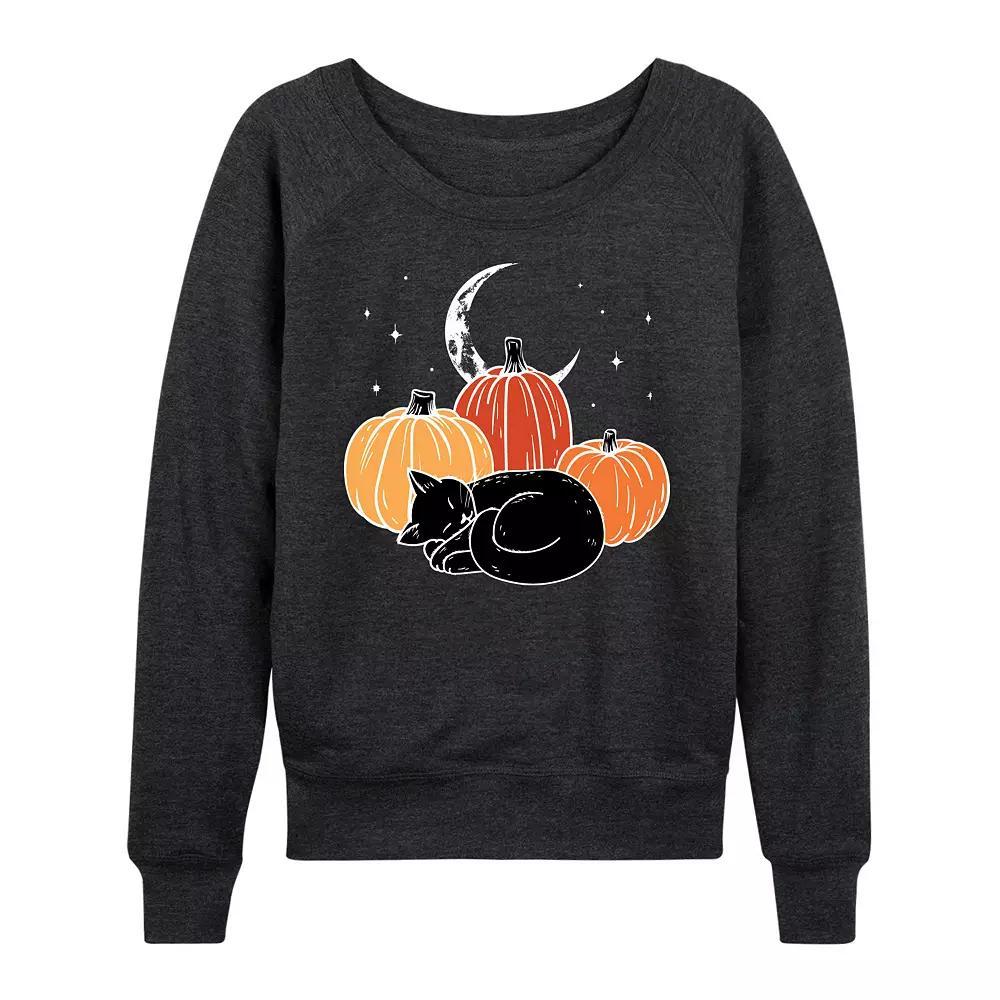 Women's Black Cat Pumpkin Nap French Terry Long Sleeve Tee, Size: XL, Heather Grey Product Image