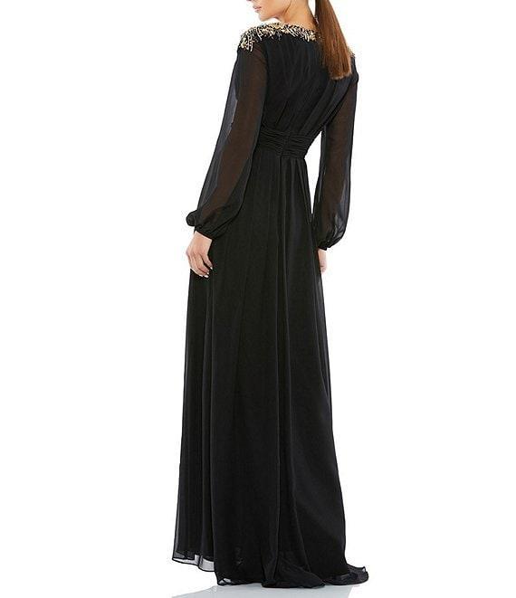 Mac Duggal Long Sleeve Beaded Shoulder Thigh High Slit Surplice V-Neck Chiffon A-Line Gown Product Image