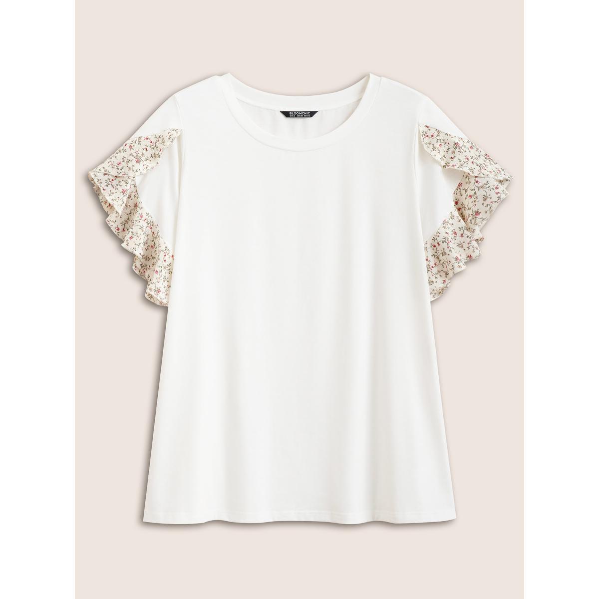 Plus Size Ditsy Floral Patchwork Petal Sleeve T-shirt White Women Elegant Patchwork Round Neck Everyday T-shirts BloomChic 14-16/1X Product Image