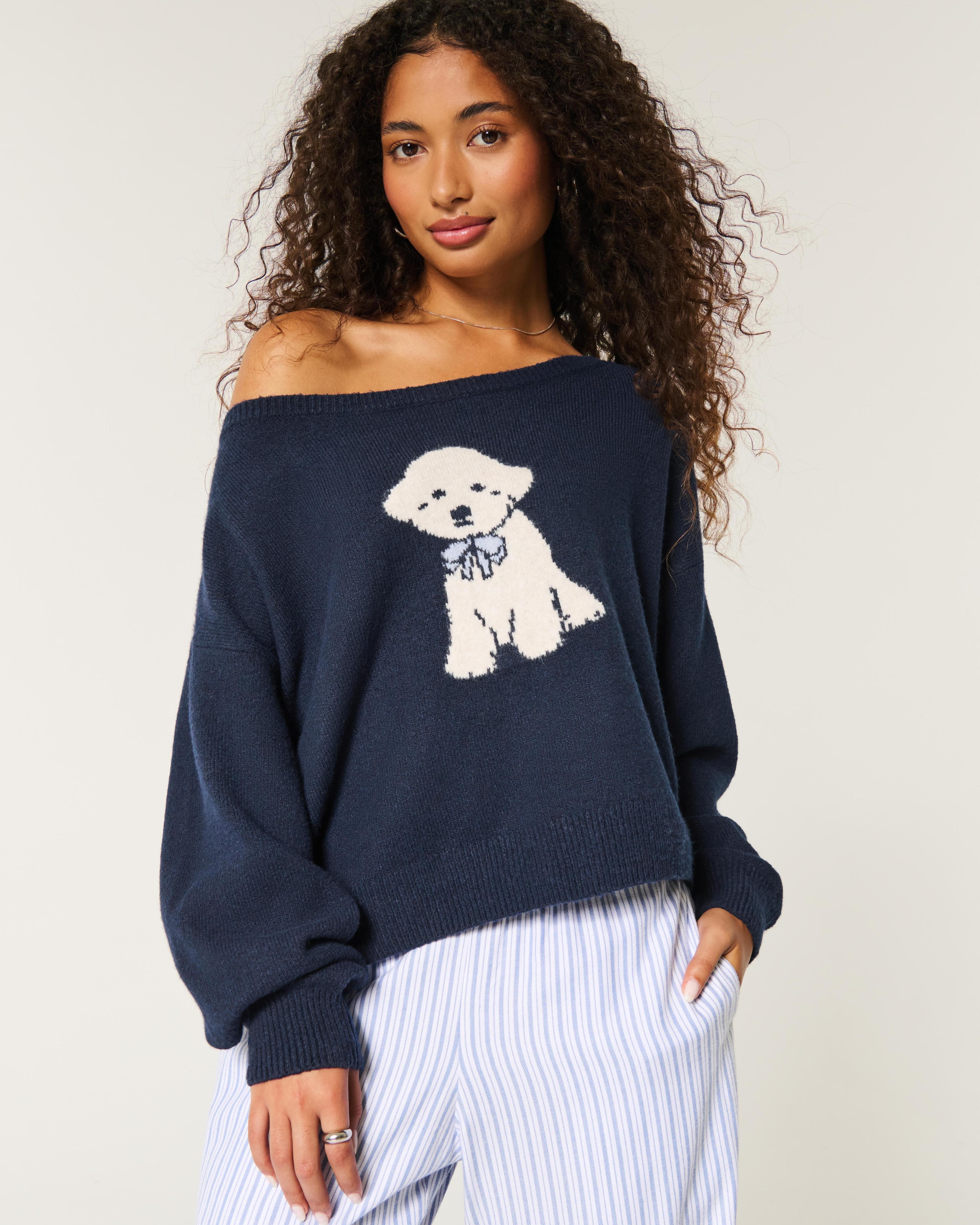 Hollister Comfy Cloud Easy Off-the-Shoulder Puppy Graphic Sweater Product Image