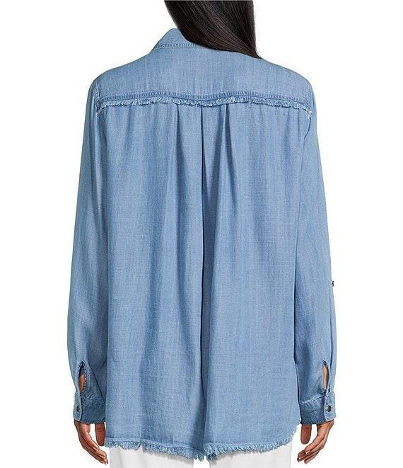 Multiples Lyocell Twill Point Collar Long Roll-Tab Sleeve Button-Front Fringed Shirt Product Image