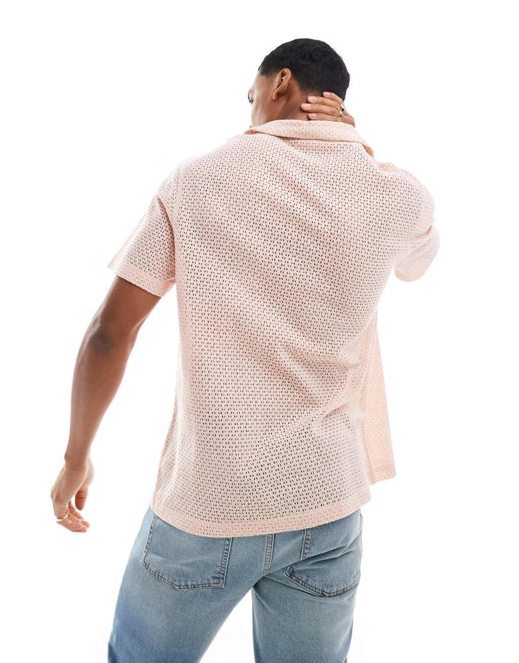 ASOS DESIGN short sleeve relaxed deep camp texture shirt in dusty pink Product Image