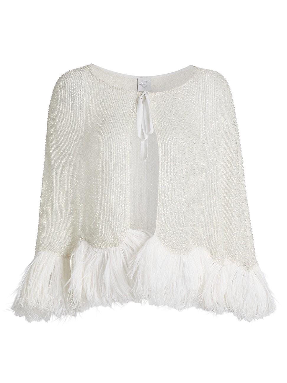 Womens Beaded Silk Feather-Trim Cape Product Image