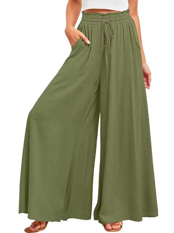 High Waisted Loose Drawstring Elasticity Pockets Solid Color Pants Trousers Product Image