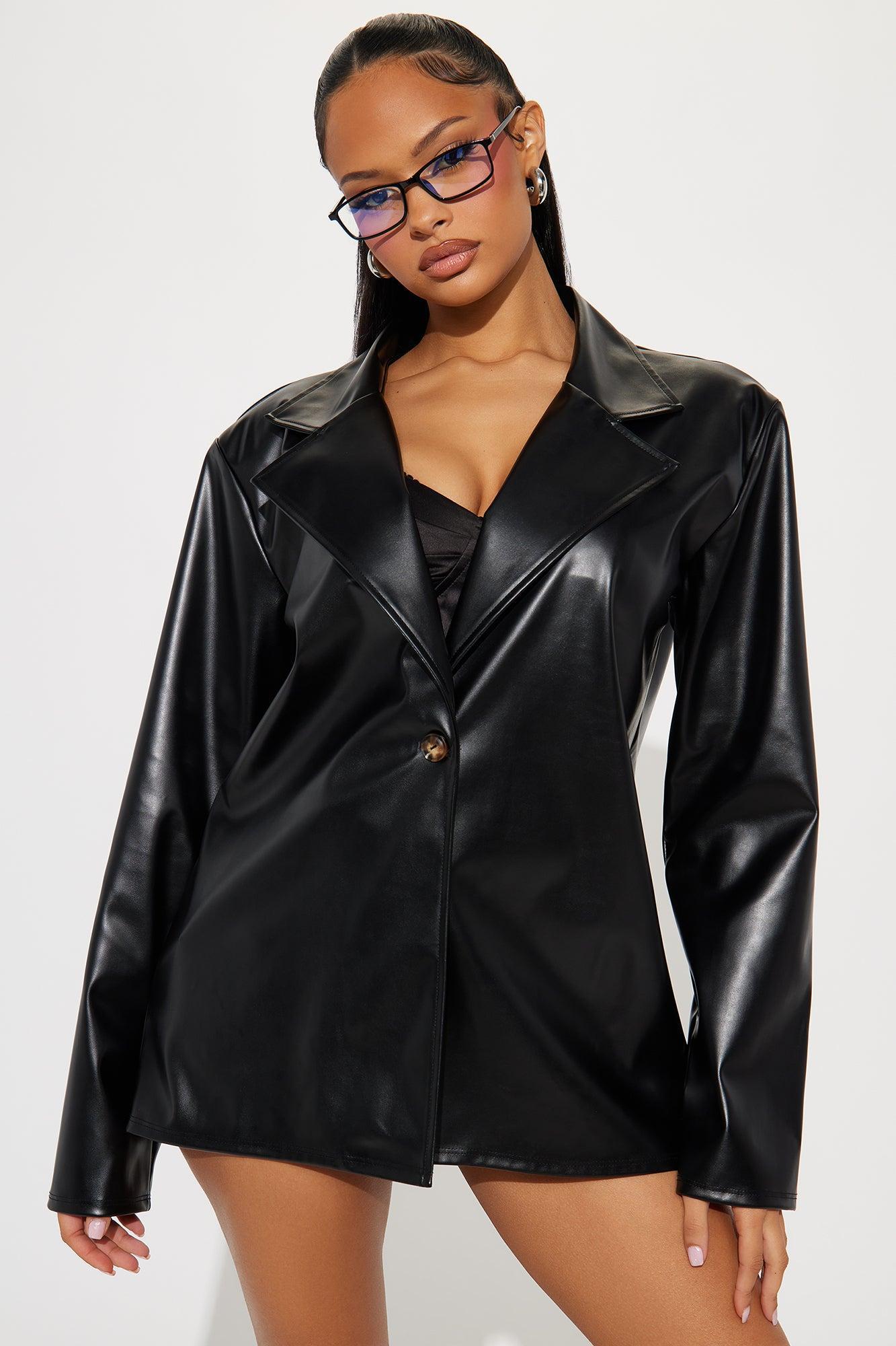 Step Out Oversized Faux Leather Blazer - Black Product Image