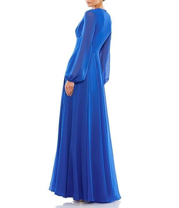 Mac Duggal Plunge V-Neck Illusion Long Blouson Sleeve Thigh High Slit Gown Product Image