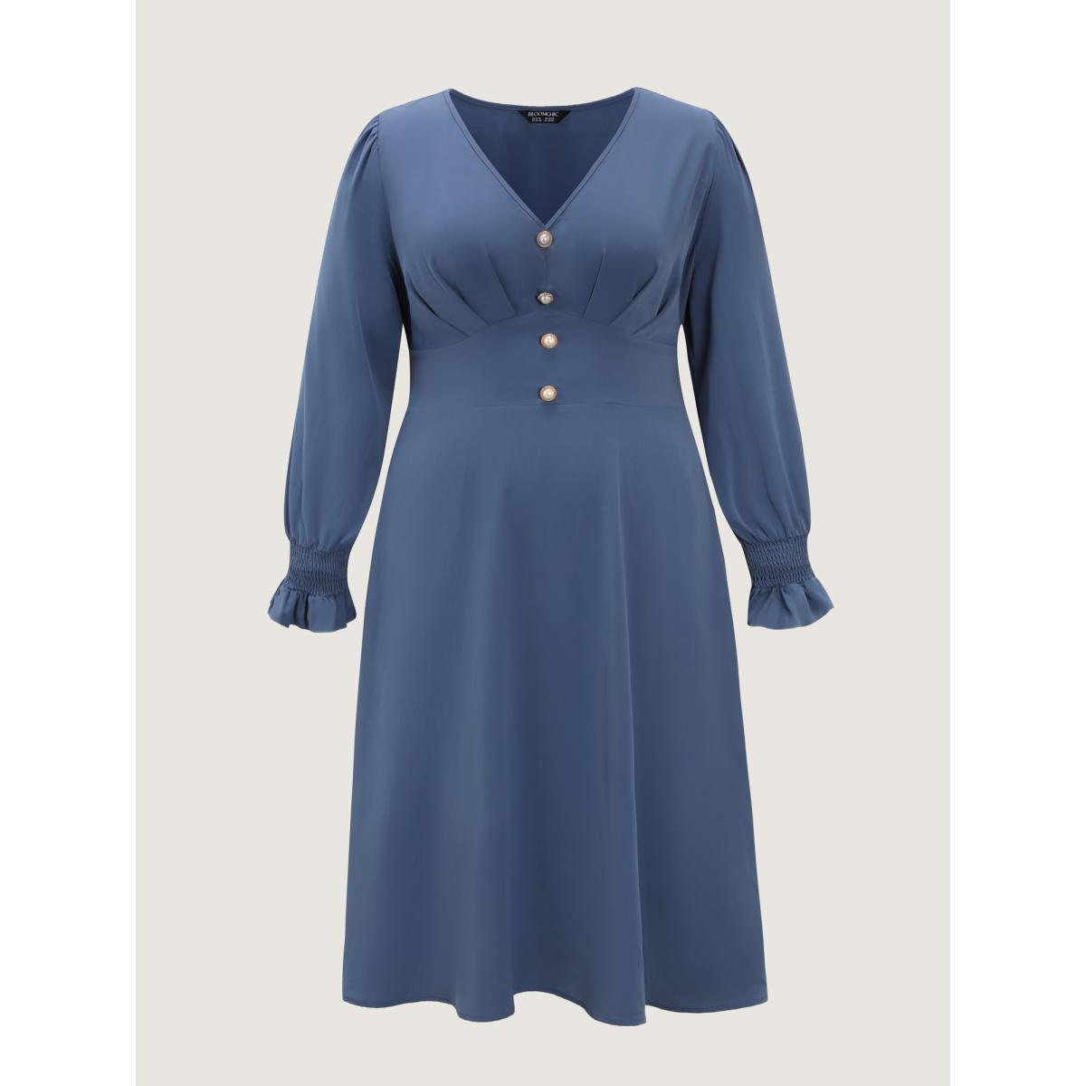 Plus Size Pearl Metal Trim Buttons Shirred Midi Dress Stone Women Timeless Gathered V-neck Long Sleeve Curvy BloomChic 28/5X Product Image