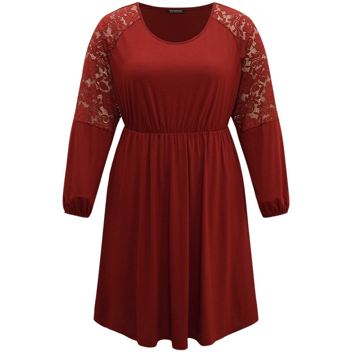 Plus Size Plain Pocket Lace Panel Lantern Sleeve Dress Scarlet Women Casual Elastic cuffs Round Neck Long Sleeve Curvy Midi Dress BloomChic 18-20/2X Product Image