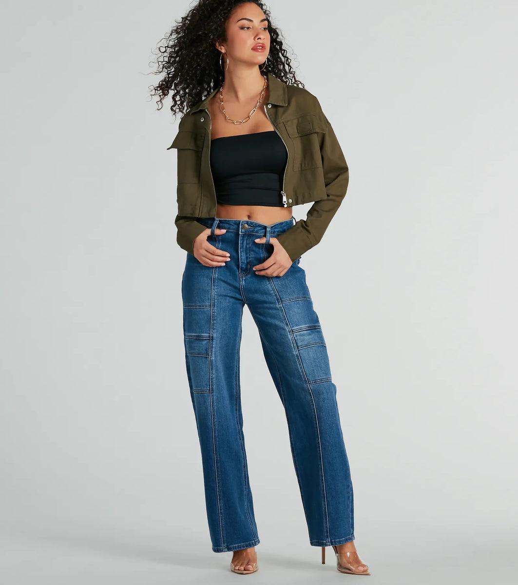 Stylish Expedition Cargo Pocket Crop Bomber Jacket Product Image